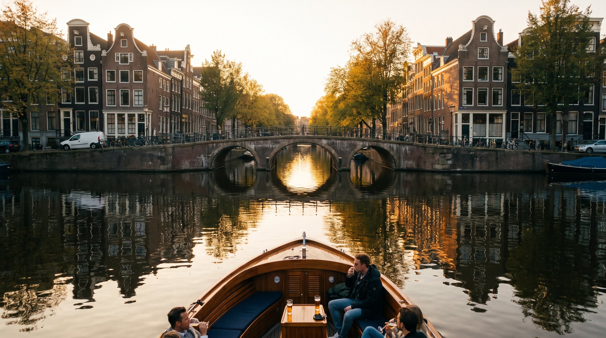 Sloep vaart bij gouden uur door een Amsterdamse gracht
